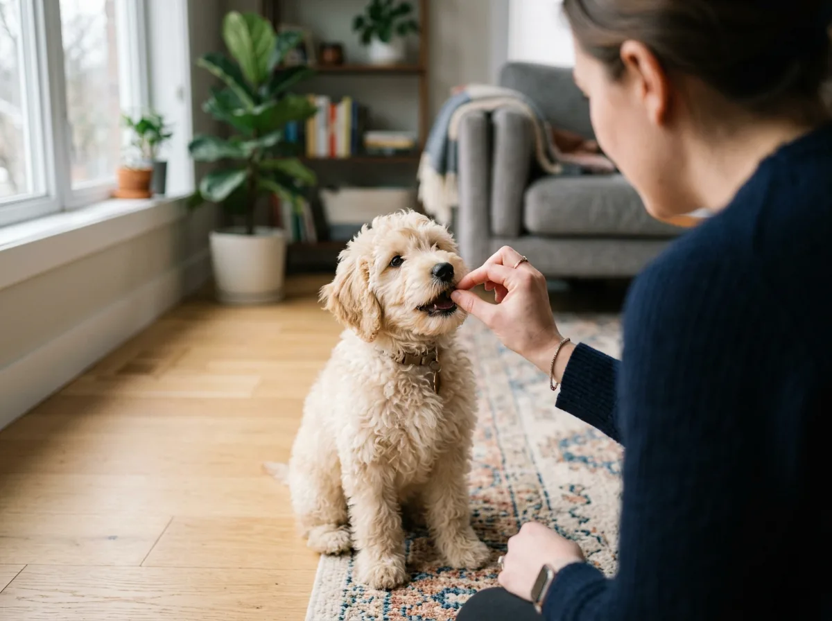 A person rewarding a fluffy cream doodle puppy with a treat during a training session on a living-room floor, illustrating the breeds' trainability