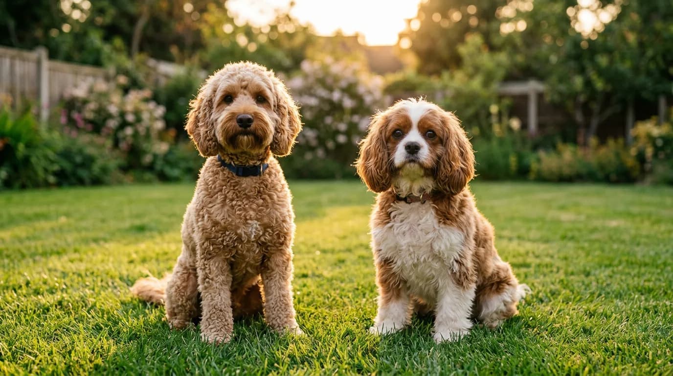 A curly tan Cockapoo and a wavy chestnut-and-white Cavapoo sitting side by side on a sunlit lawn, showing the two doodle crosses compared