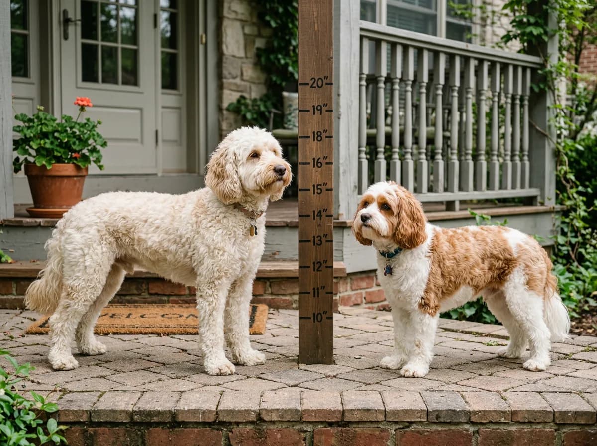 A taller curly cream Cockapoo and a smaller red-and-white Cavapoo standing in profile beside a height-marker post on a porch, comparing their size