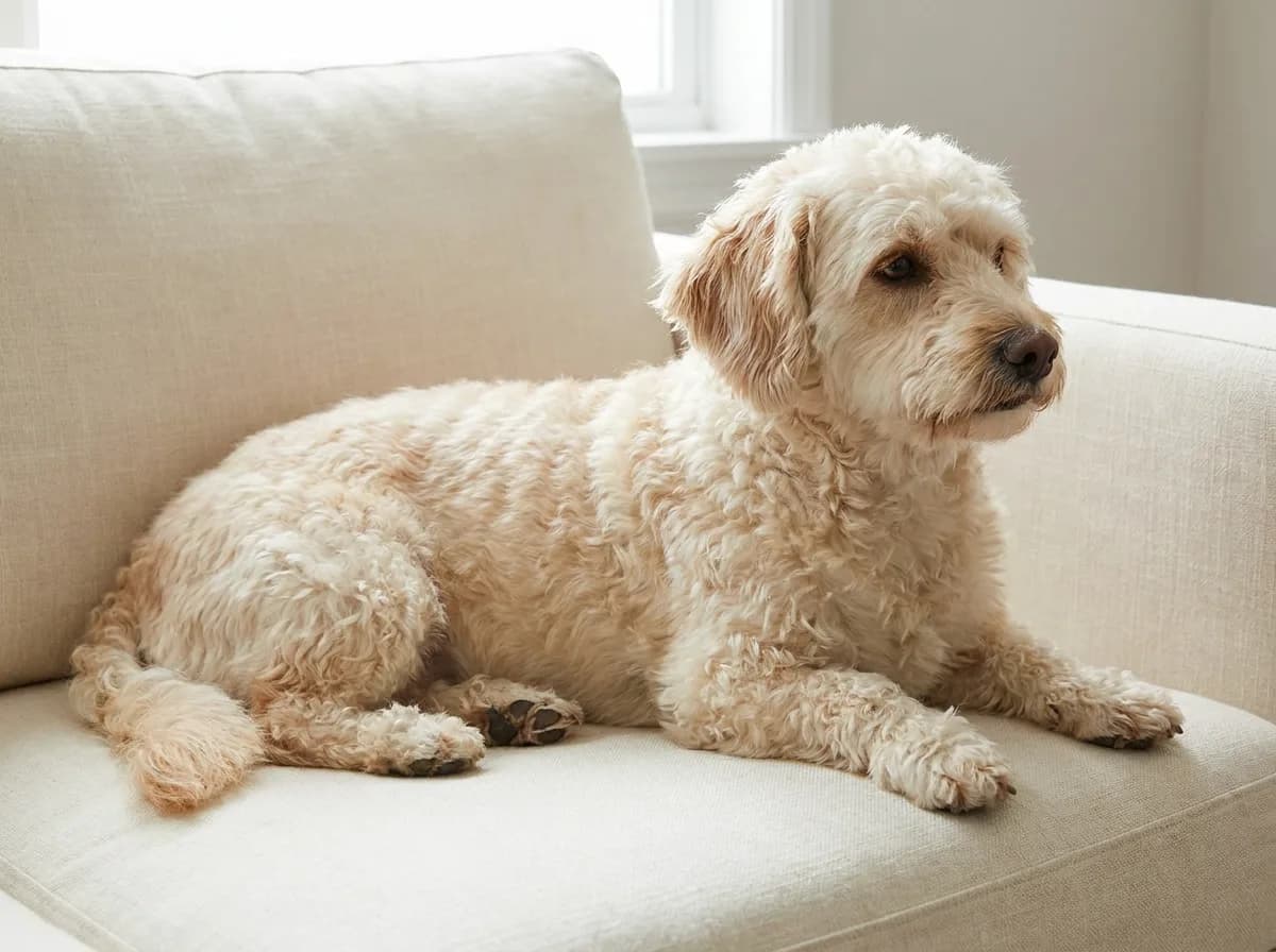 Cream curly-coated companion dog resting on a linen sofa.
