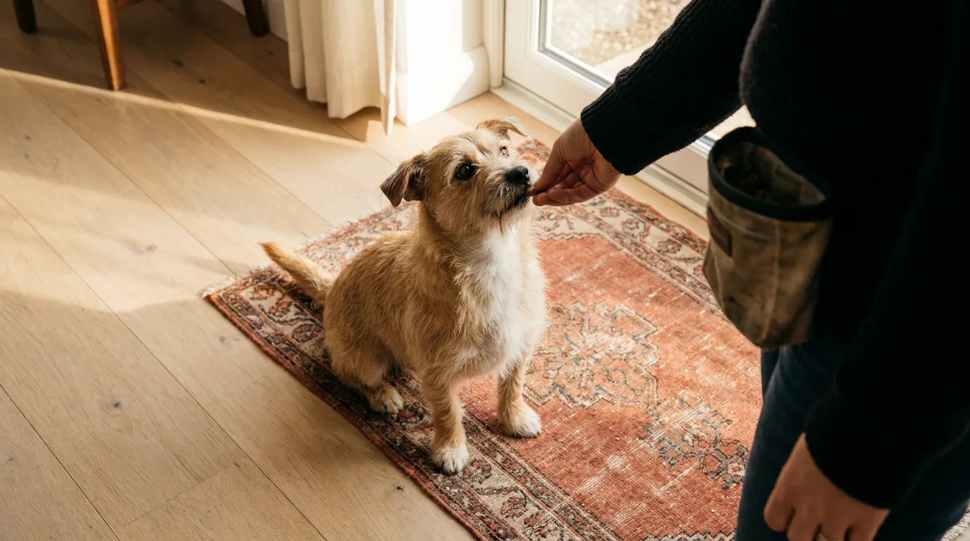 Adult rewarding a small tan dog seated on a rug.