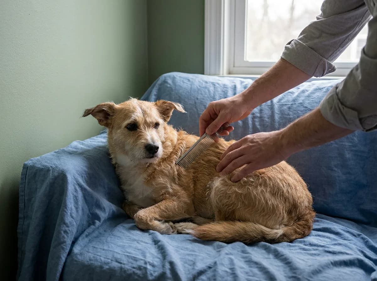 Adult gently combing a tan wavy-coated dog on a blue sofa cover.