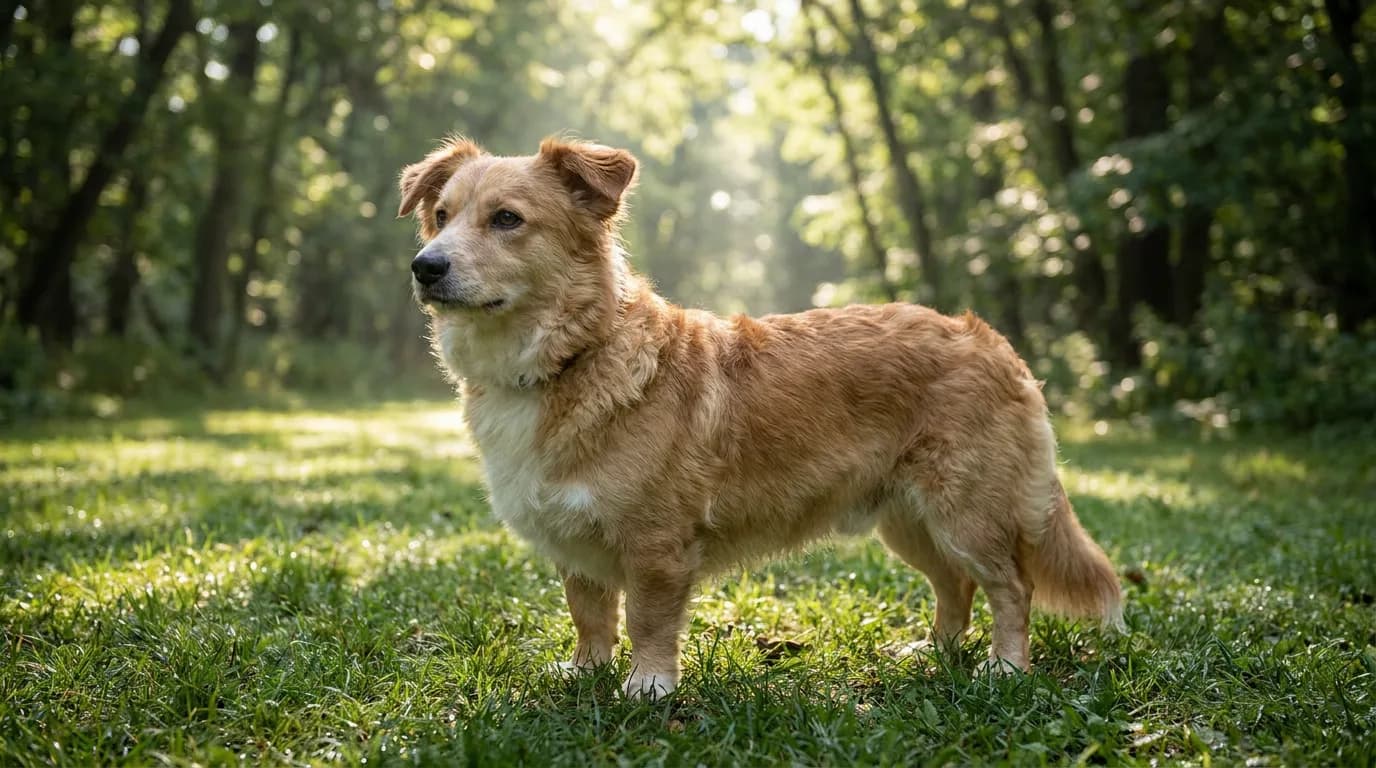 Tan and white low-bodied dog standing on shaded grass.