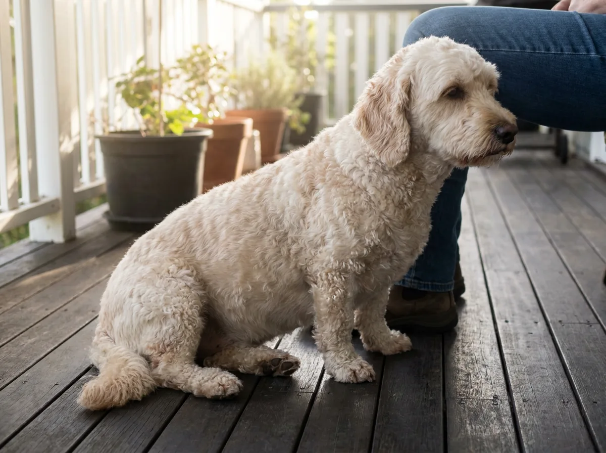 Cream curly-coated dog seated on a wooden veranda beside an adult.