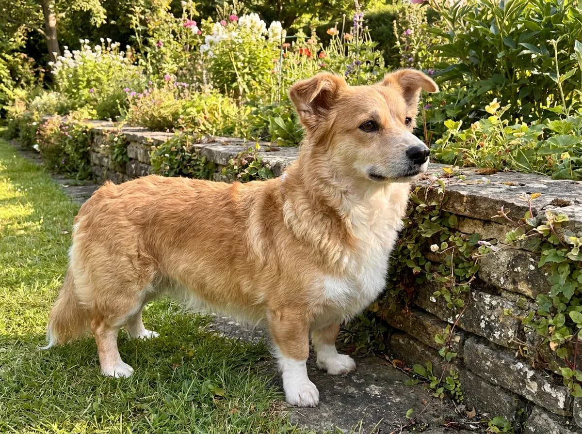 Tan and white low-bodied dog standing beside a garden wall.
