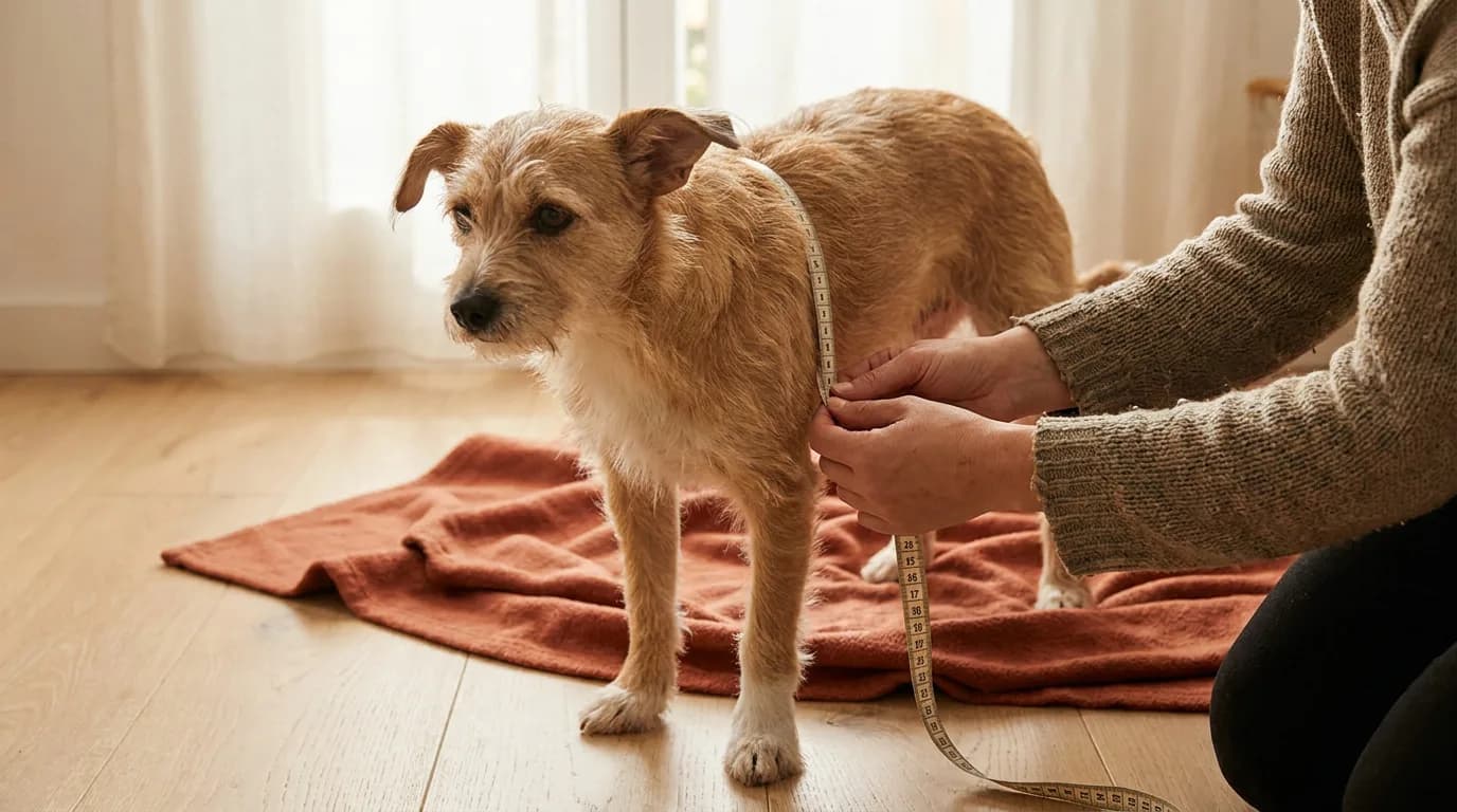 Adult measuring a tan dog’s chest with a flexible tape.