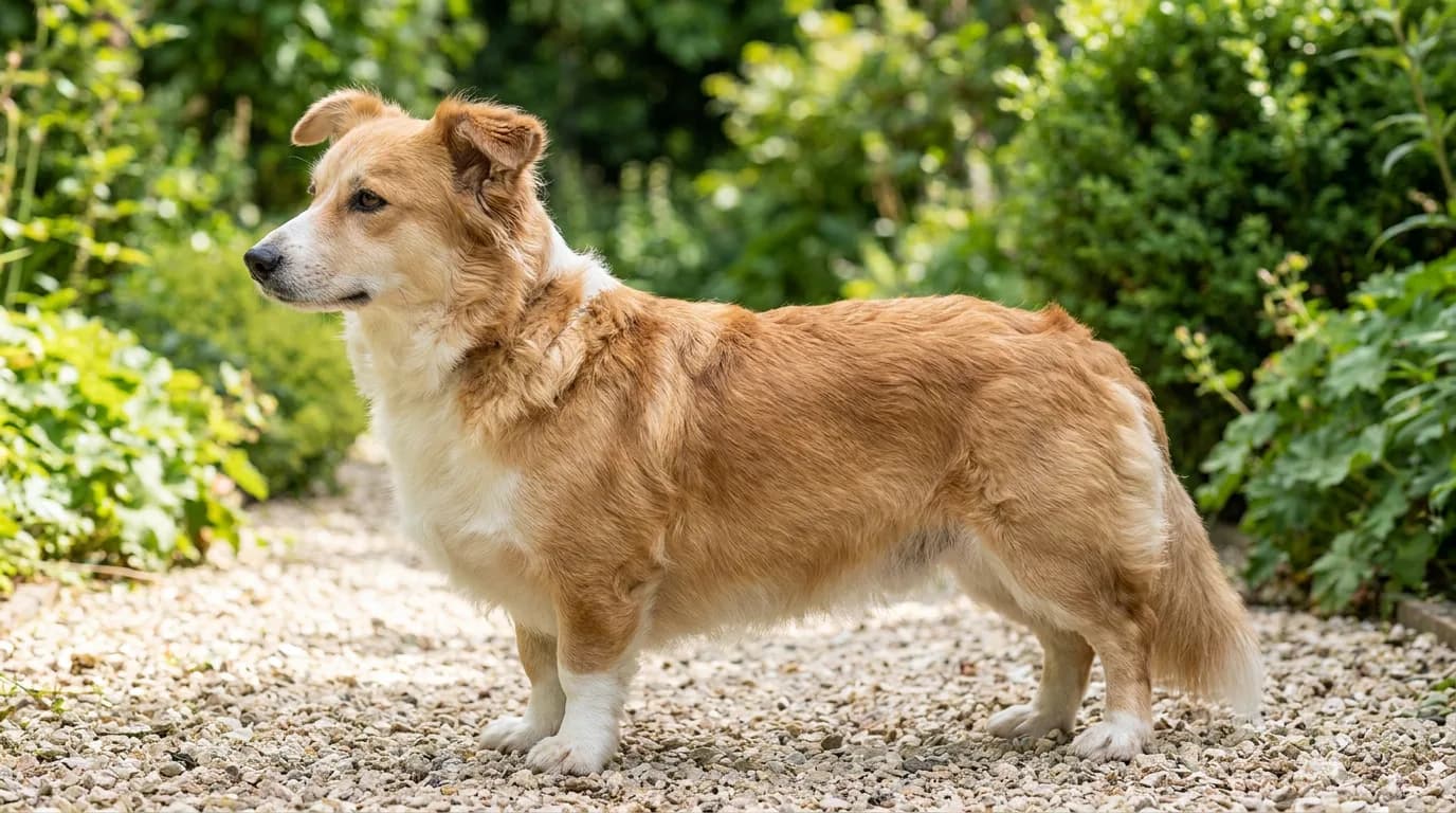 Tan and white short-legged dog standing side-on on a garden path.