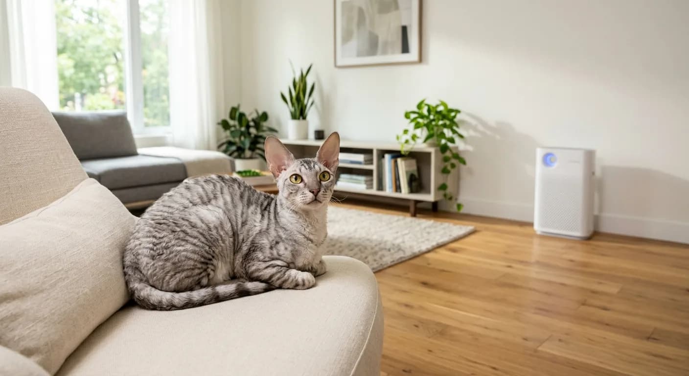 A silver tabby Cornish Rex cat with a short wavy coat resting on a sofa in a bright living room with a HEPA air purifier visible on the hardwood floor in the background