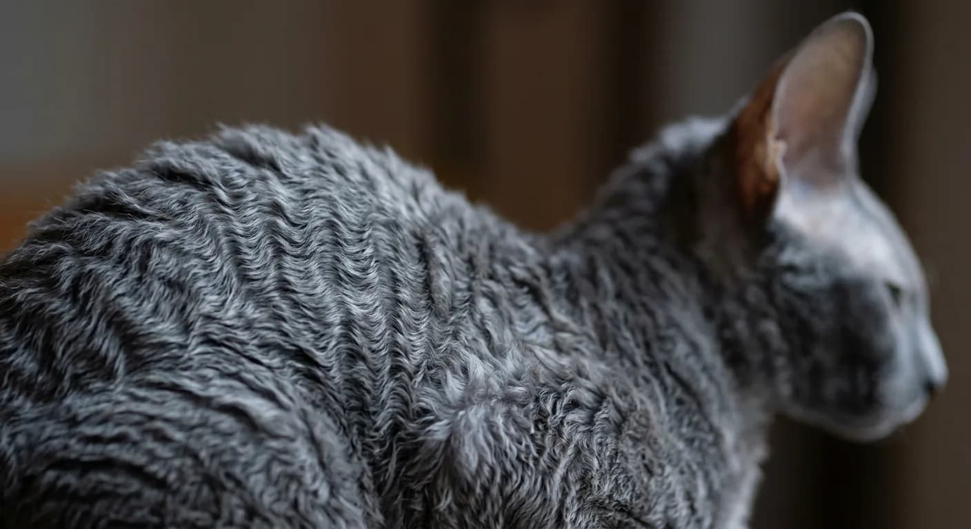 Close-up macro of a blue-grey Cornish Rex wavy down coat showing tight rippled marcel waves and crushed-velvet texture with a large high-set ear visible in soft focus