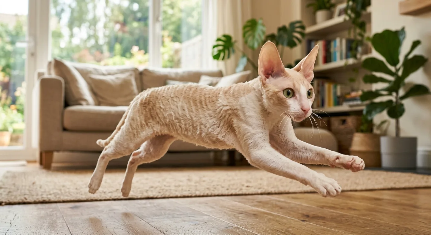 A cream-white Cornish Rex in mid-leap across a bright living room floor showing its slender athletic build, large high-set ears, and short wavy down coat
