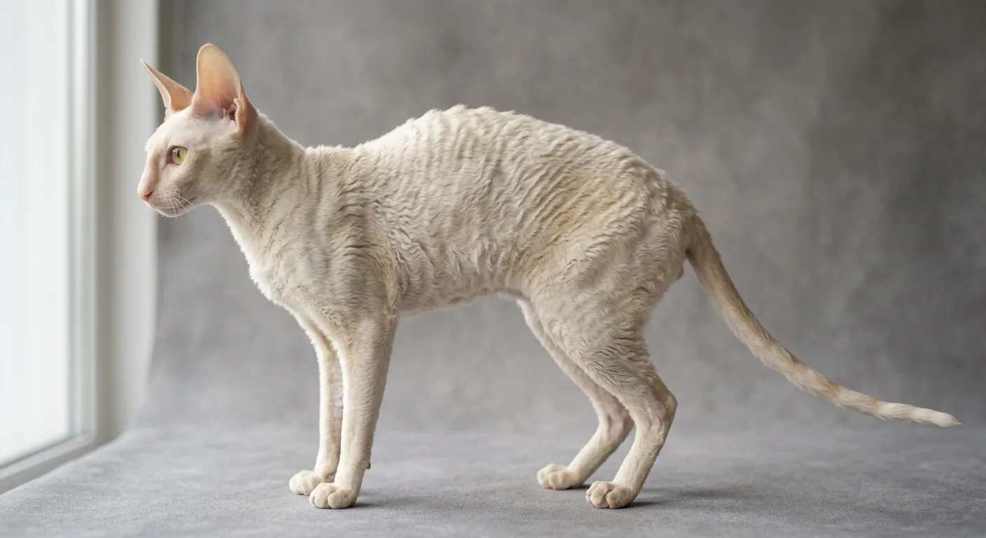 Full-body side-profile portrait of a warm white Cornish Rex showing its arched whippet-like back, long fine legs, whippy tail, large high-set ears, and rippled wavy down coat on a neutral grey background