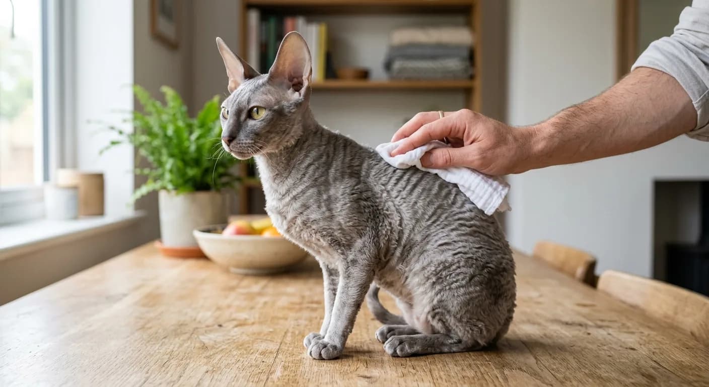 A silver-grey Cornish Rex being gently wiped down with a damp cloth to remove surface allergens from its short wavy coat