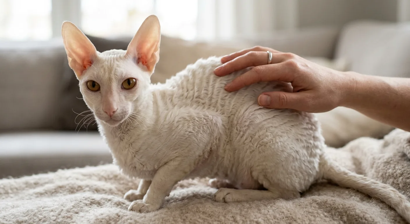 A cream-white Cornish Rex with its distinctive short wavy down coat being gently petted by a human hand resting on its back