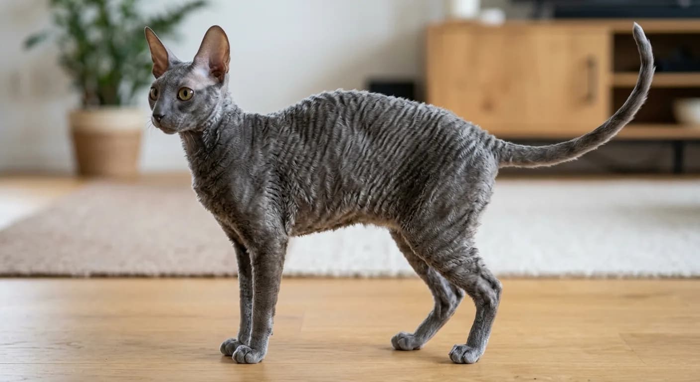 Full-body portrait of an adult blue Cornish Rex standing in profile, showing the arched back, tucked abdomen, long whippy tail, and very large high-set ears