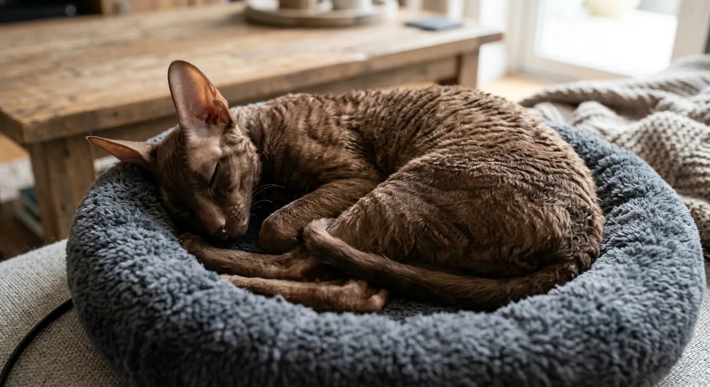A chocolate-brown Cornish Rex cat curled up sleeping in a round heated cat bed, illustrating the breed's cold sensitivity
