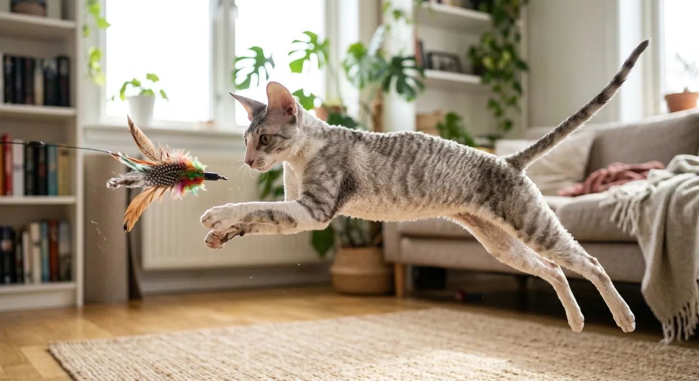 A silver-tabby Cornish Rex cat mid-leap catching a feather wand toy, showing the breed's athletic arched body and slim build