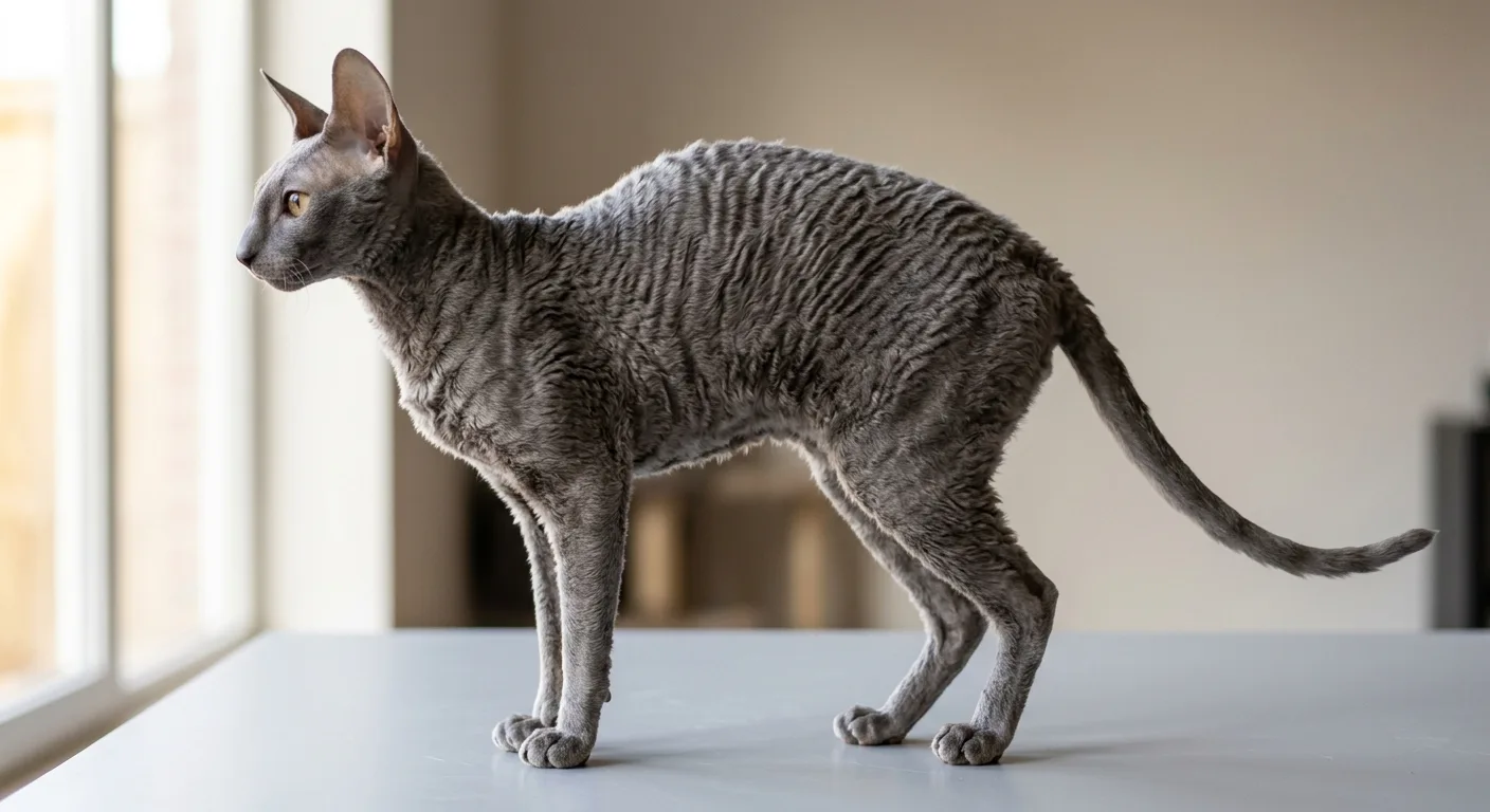 Cornish Rex cat in full-body side profile showing the distinctive arched whippet-like body with long fine legs, tucked waist, and tight wavy coat on a neutral background