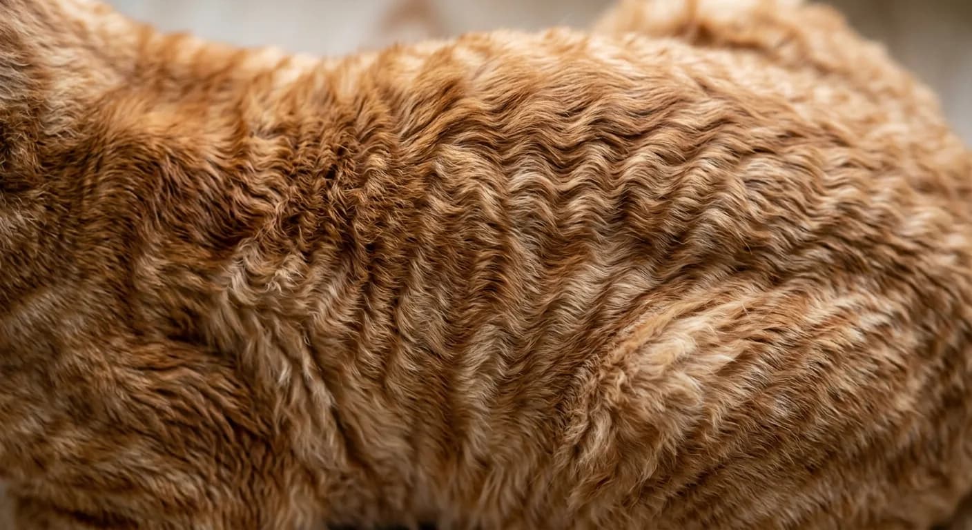 Close-up of Cornish Rex wavy coat showing tight, uniform marcel waves of fine down with no visible guard hairs, a crushed-velvet texture