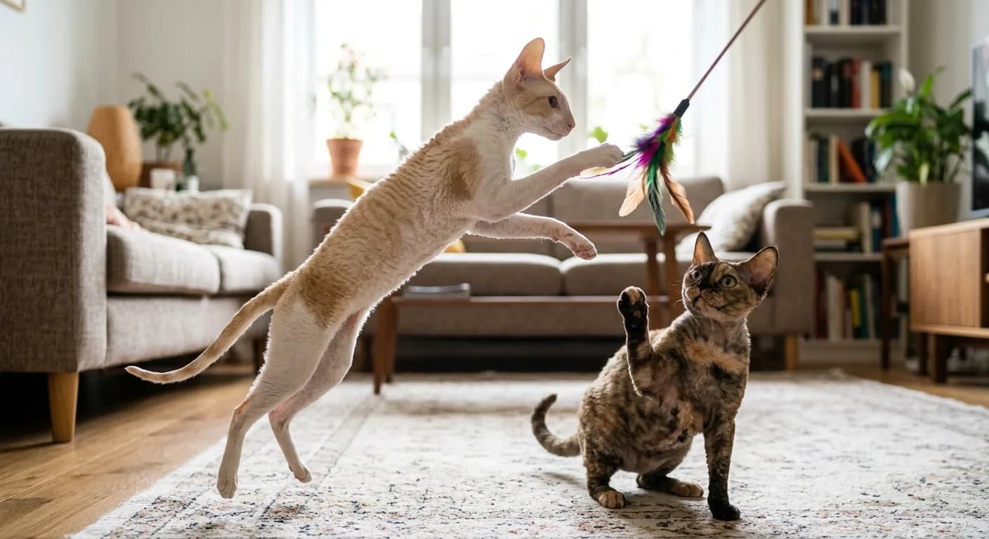 Cornish Rex and Devon Rex cats playing with a wand toy together in a bright living room, showing the build contrast: slender arched Cornish Rex vs shorter cobby Devon Rex with bat ears