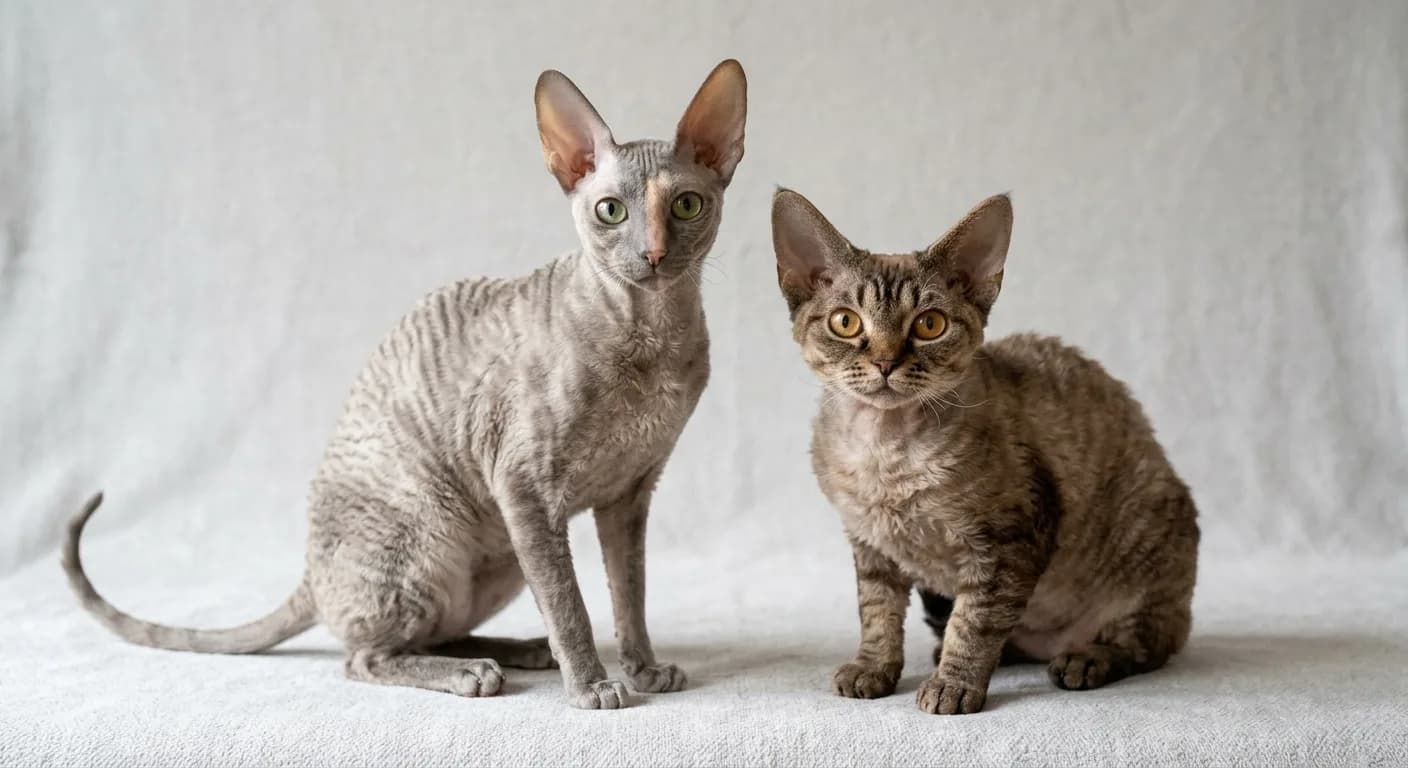 Silver Cornish Rex (left) with tall high-set ears and slender whippet body next to a dark tabby Devon Rex (right) with shorter cobby frame and wide-set lower ears, showing the structural contrast between the two curly-coated breeds