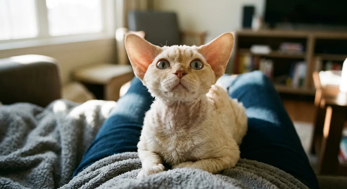 Devon Rex cat with enormous low-set bat ears and round pixie face sitting contentedly on a lap, looking up, demonstrating the breed's affectionate cuddle behavior