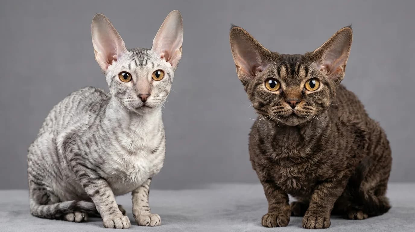 Head comparison: Cornish Rex (left) showing egg-shaped head, Roman nose, and high-set ears; Devon Rex (right) showing round pixie face, nose stop, and huge low-set bat ears