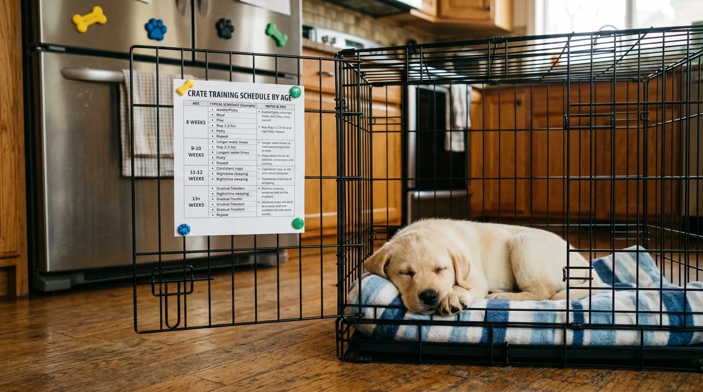 A printable by-age crate training schedule chart pinned to a kitchen fridge, with an eight-week-old yellow Labrador puppy resting in an open wire crat
