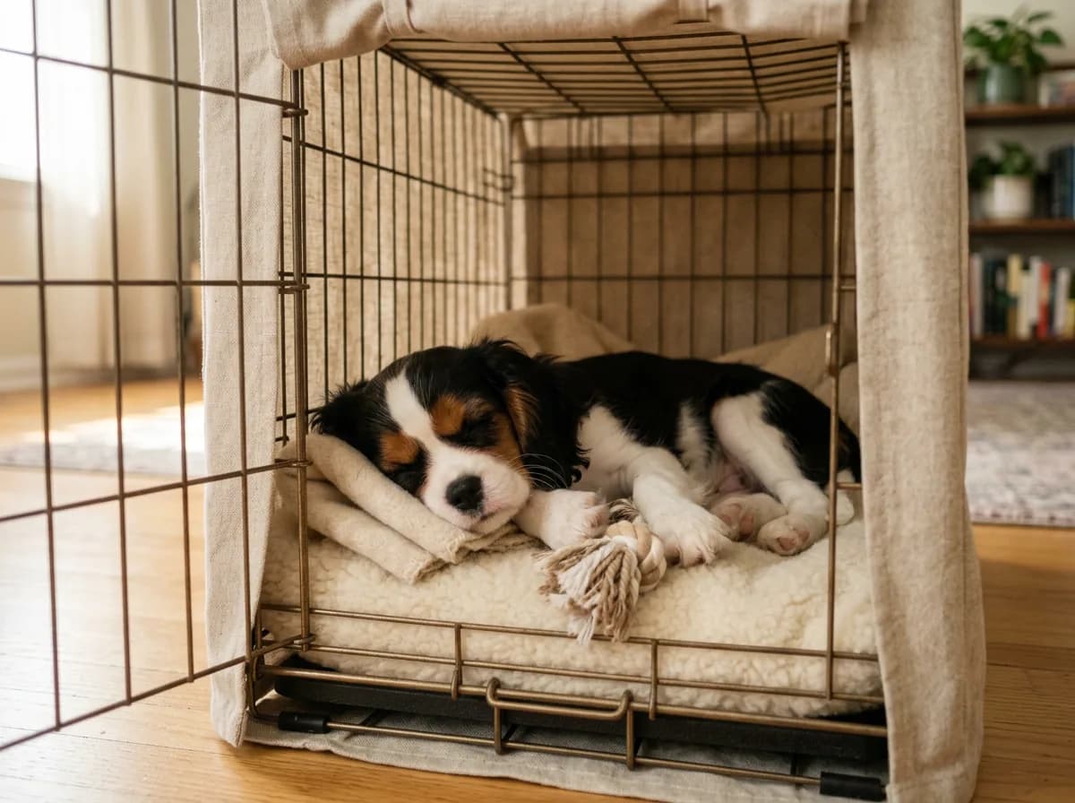 A ten-week-old tricolor Cavalier King Charles Spaniel puppy sleeping soundly inside a fabric-covered wire crate with a chew toy, soft afternoon light