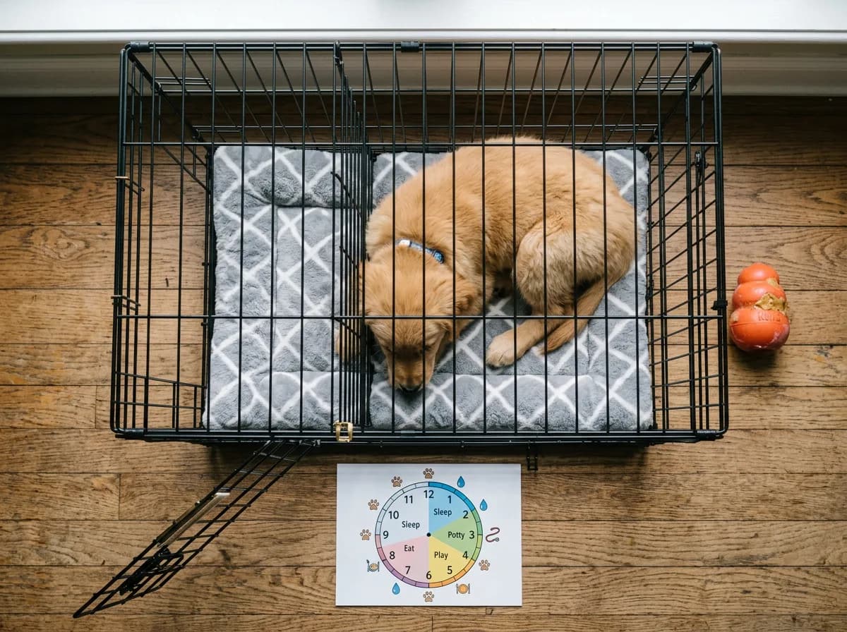 An overhead flat-lay of a crate training setup for a four-month-old puppy, showing a divider-panel wire crate, a washable mat, a frozen stuffed rubber