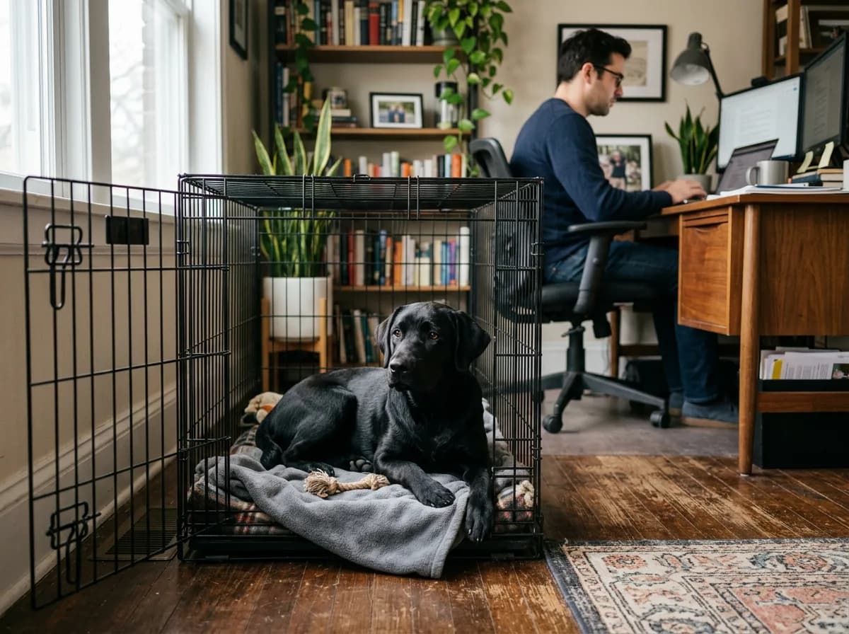 A six-month-old black Labrador resting in an open-door crate in a home office while an owner works at a desk in the background, illustrating the workd