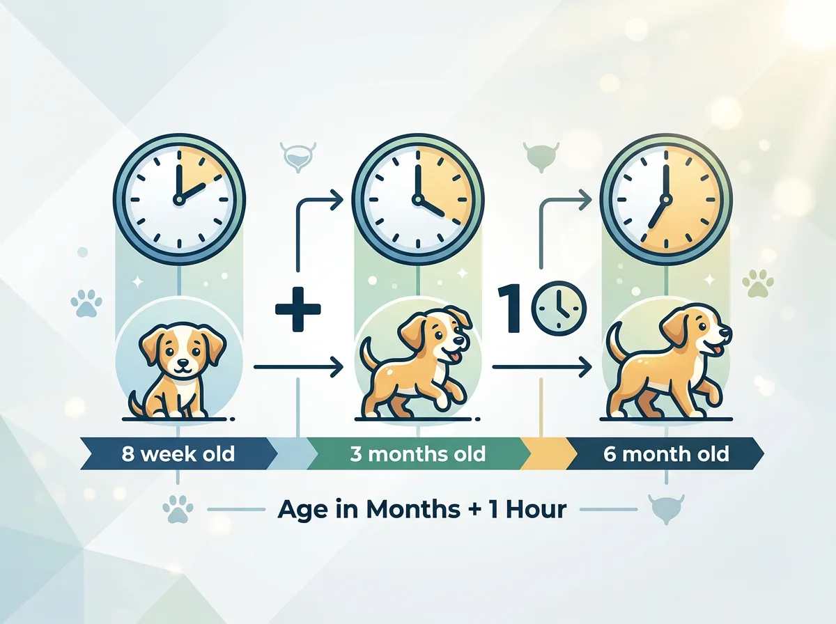 A clean infographic-style illustration of the puppy bladder rule showing age in months plus one hour, with icons for 8 weeks, 3 months, and 6 months