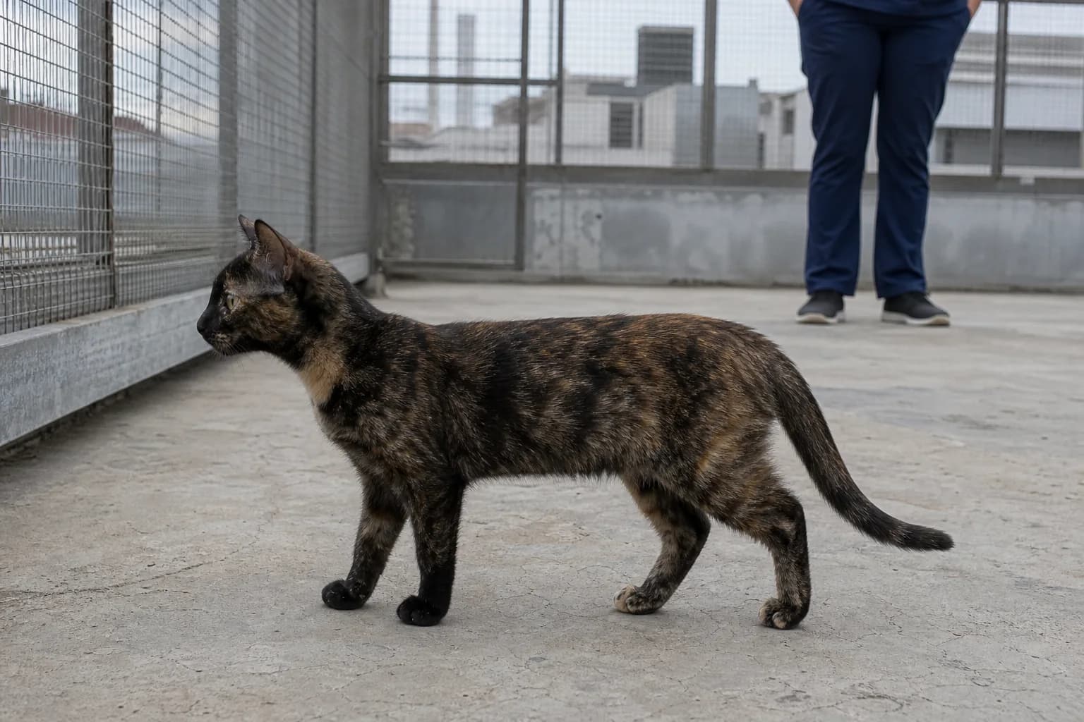 A young tortoiseshell cat exploring a secure urban roof catio with an adult standing several feet behind.