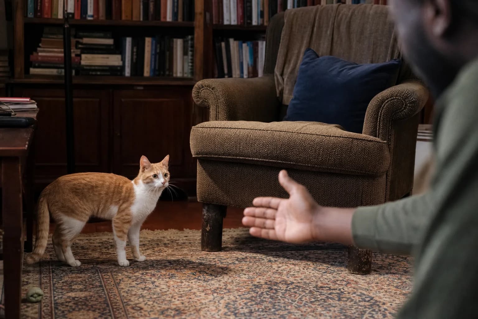 A small ginger-and-white adult cat turns toward a caregiver's hand in a book-lined study.