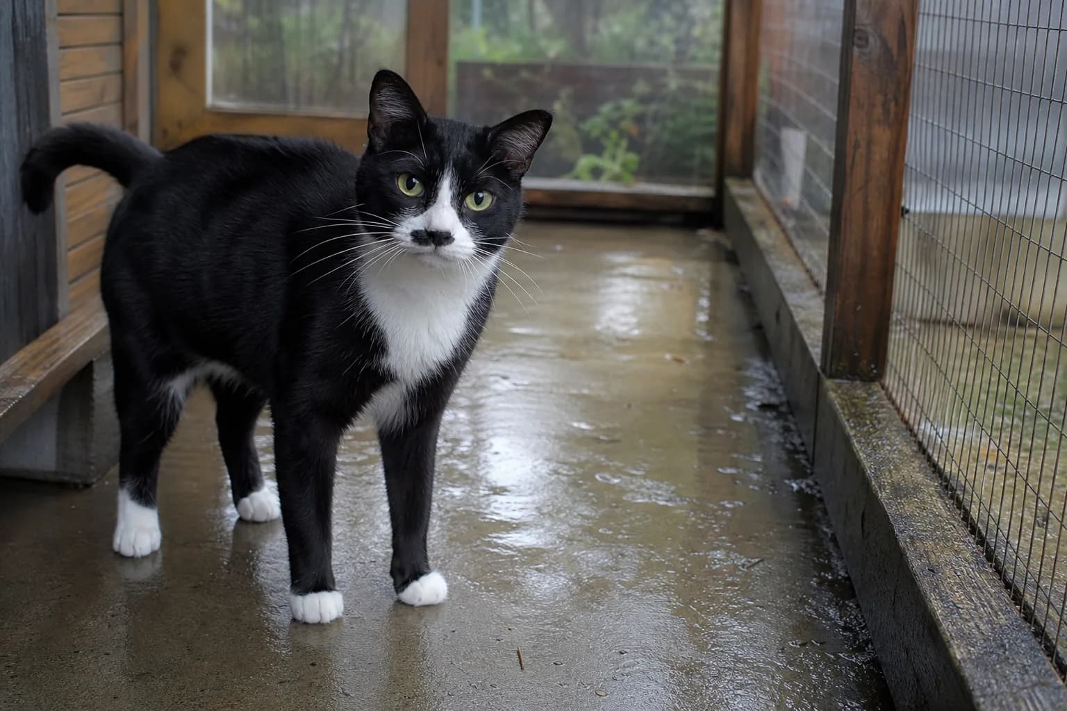 A petite tuxedo cat standing on the wet floor of a covered catio during light rain.