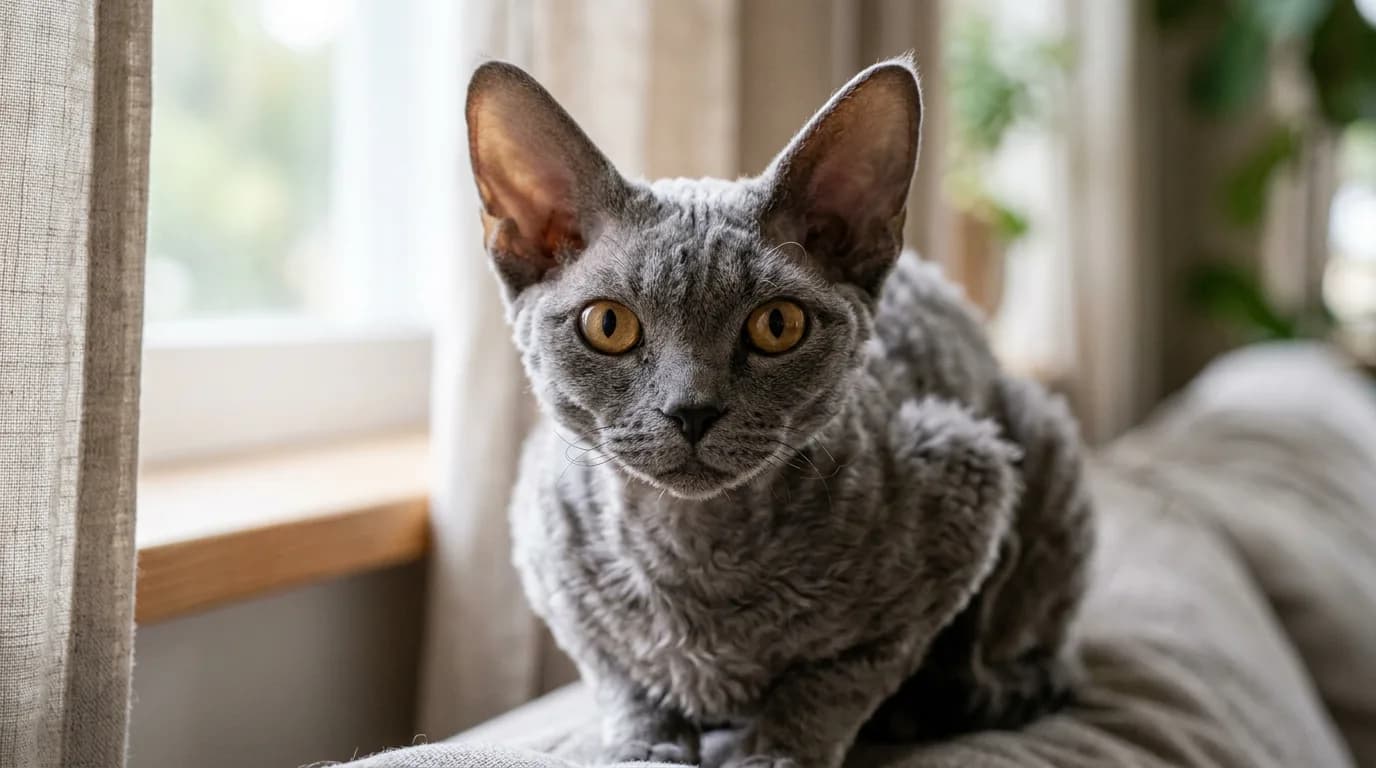 Grey Devon Rex cat with large low-set ears and a short wavy coat looking at the camera