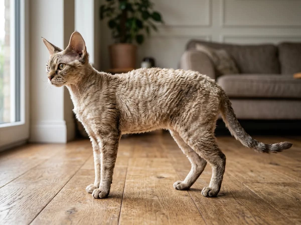 Full-body side view of a slender Devon Rex cat showing its lithe build and rippled coat