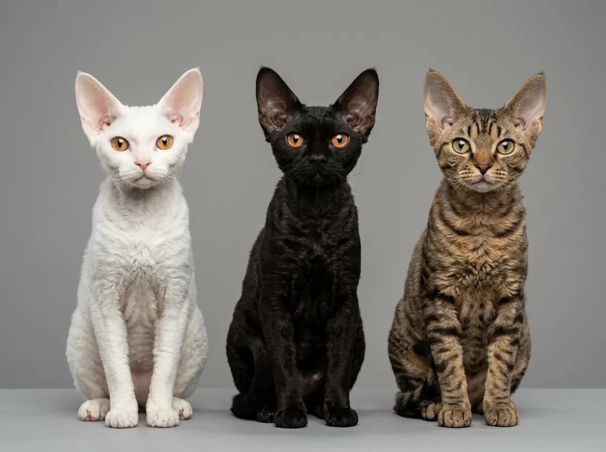 Three Devon Rex cats in white, black, and tabby colors side by side