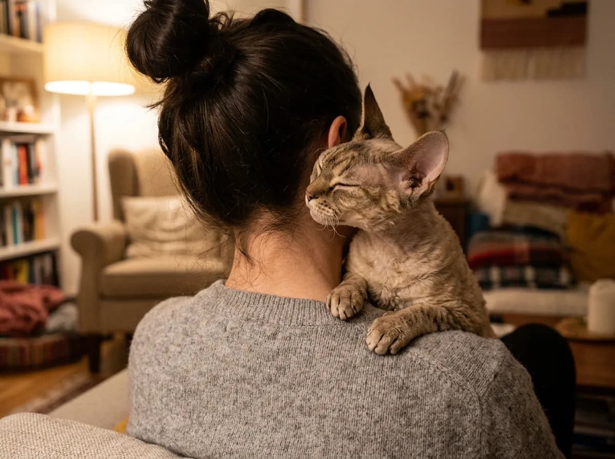 Affectionate Devon Rex cat perched on its owner's shoulder nuzzling close