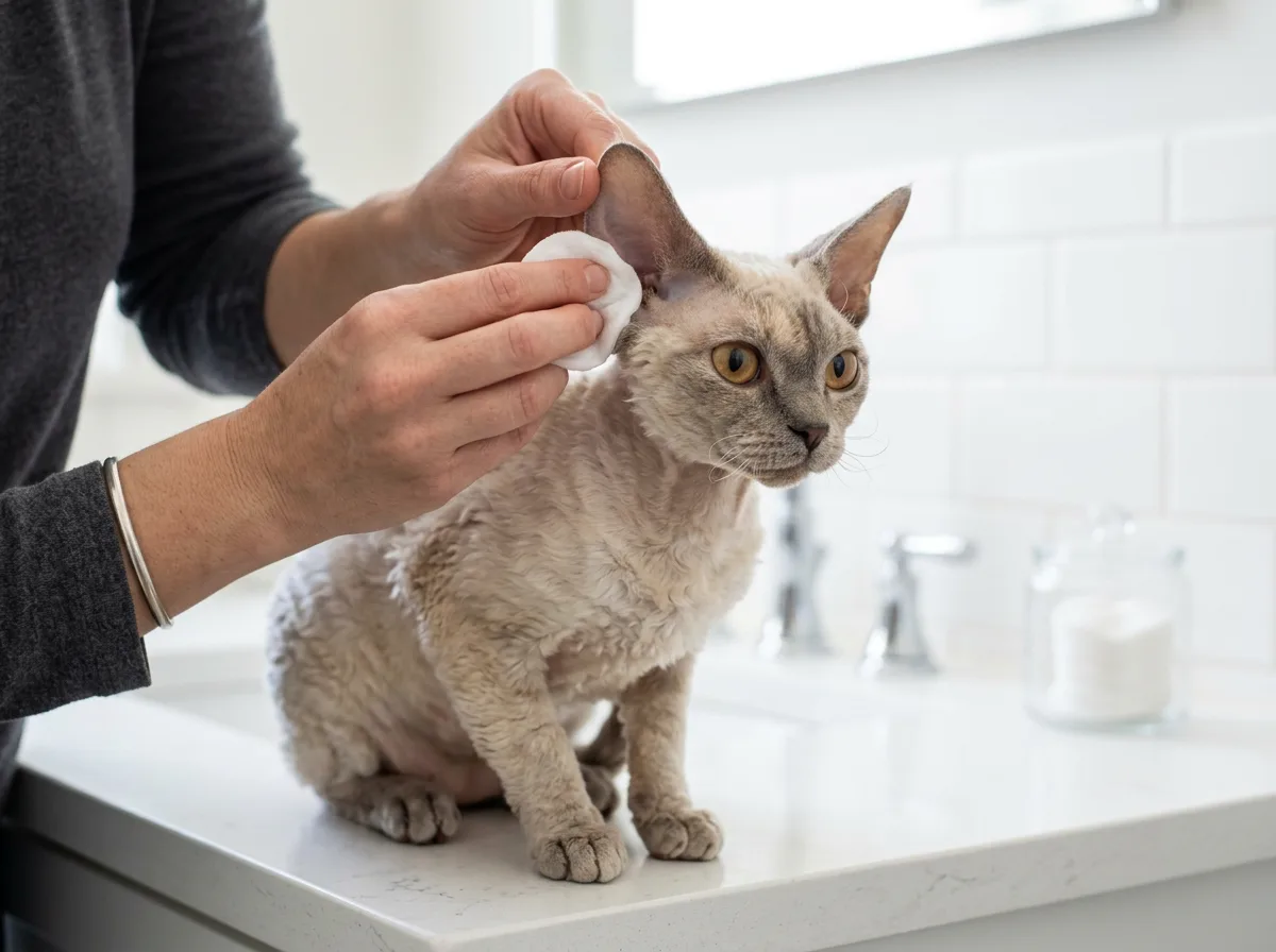 A Devon Rex cat having its large ear gently cleaned with a cotton pad, hands only