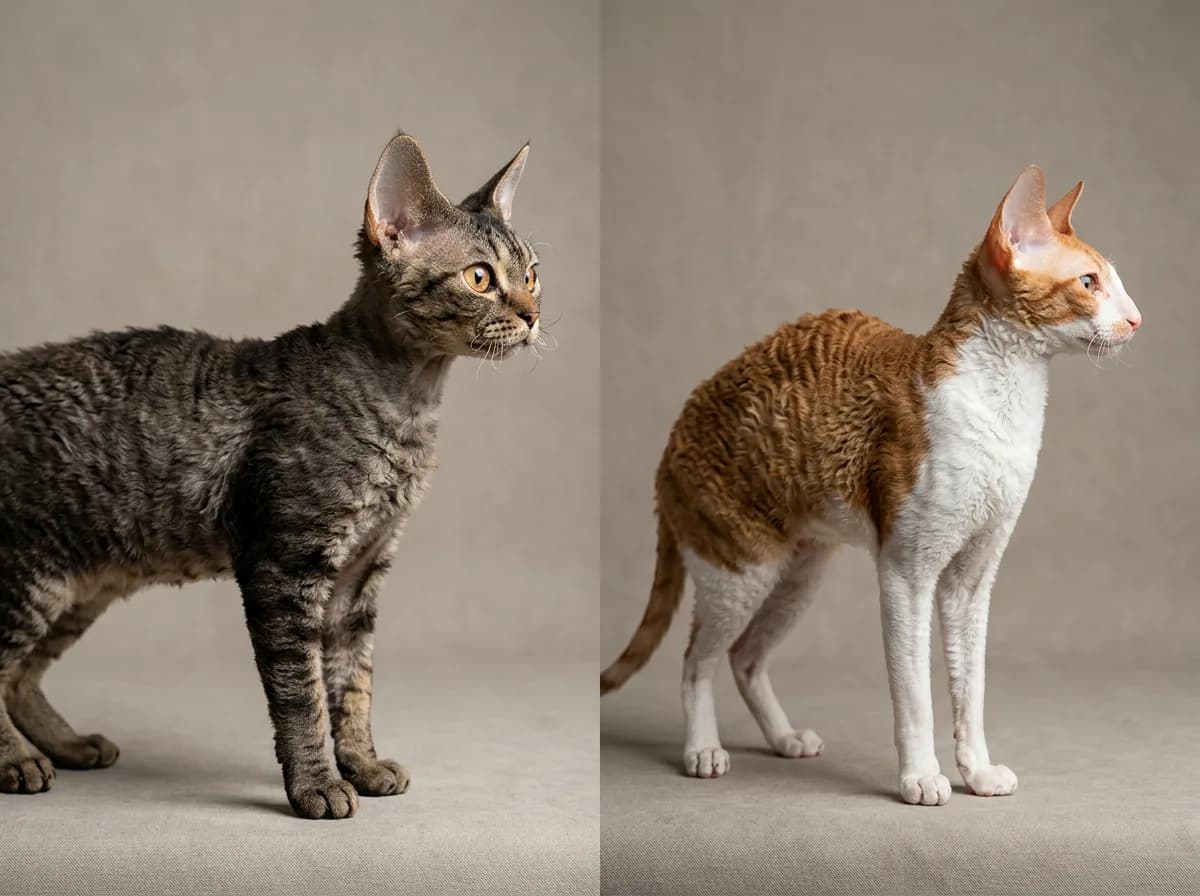 A Devon Rex beside a Cornish Rex in profile showing the Devon's larger ears and coarser coat