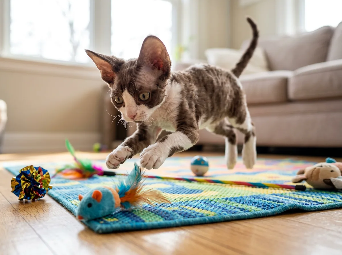 Devon Rex kitten with oversized ears playing energetically with cat toys