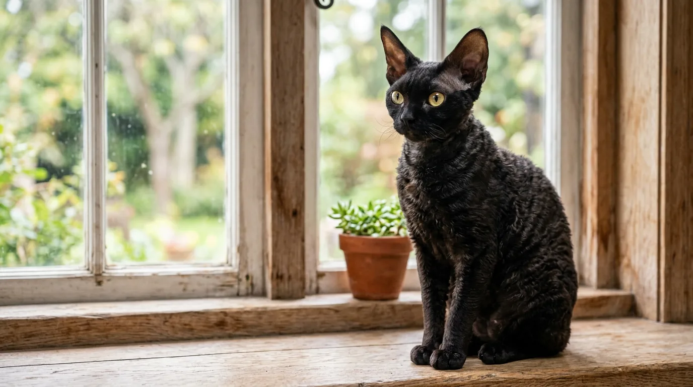 Black Devon Rex cat with large ears and short wavy coat sitting in window light