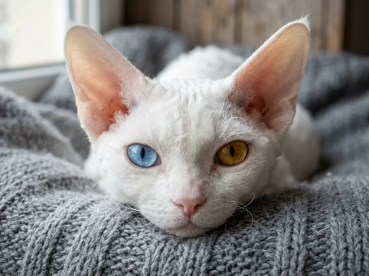 White Devon Rex cat with odd colored eyes resting on a blanket