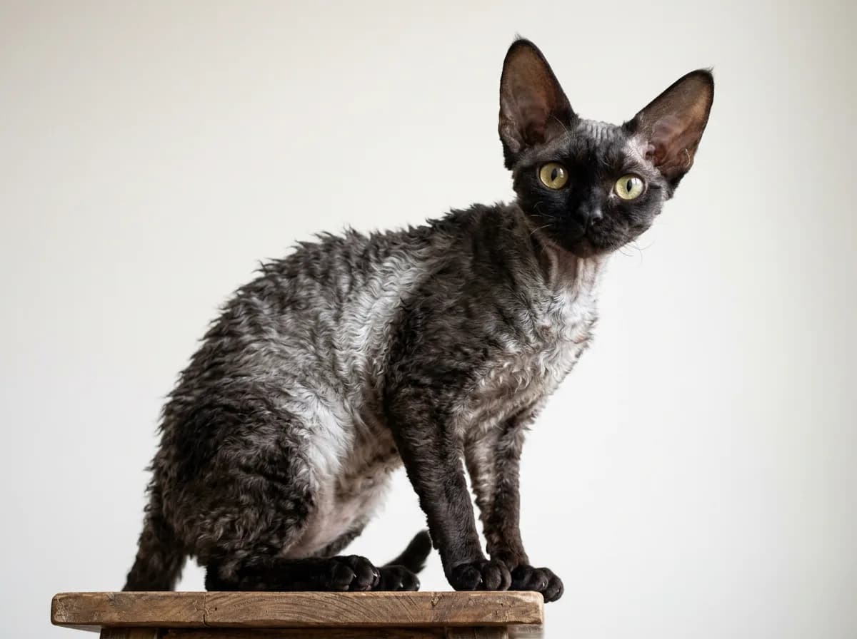 Black smoke Devon Rex cat showing silver undercoat beneath dark tips