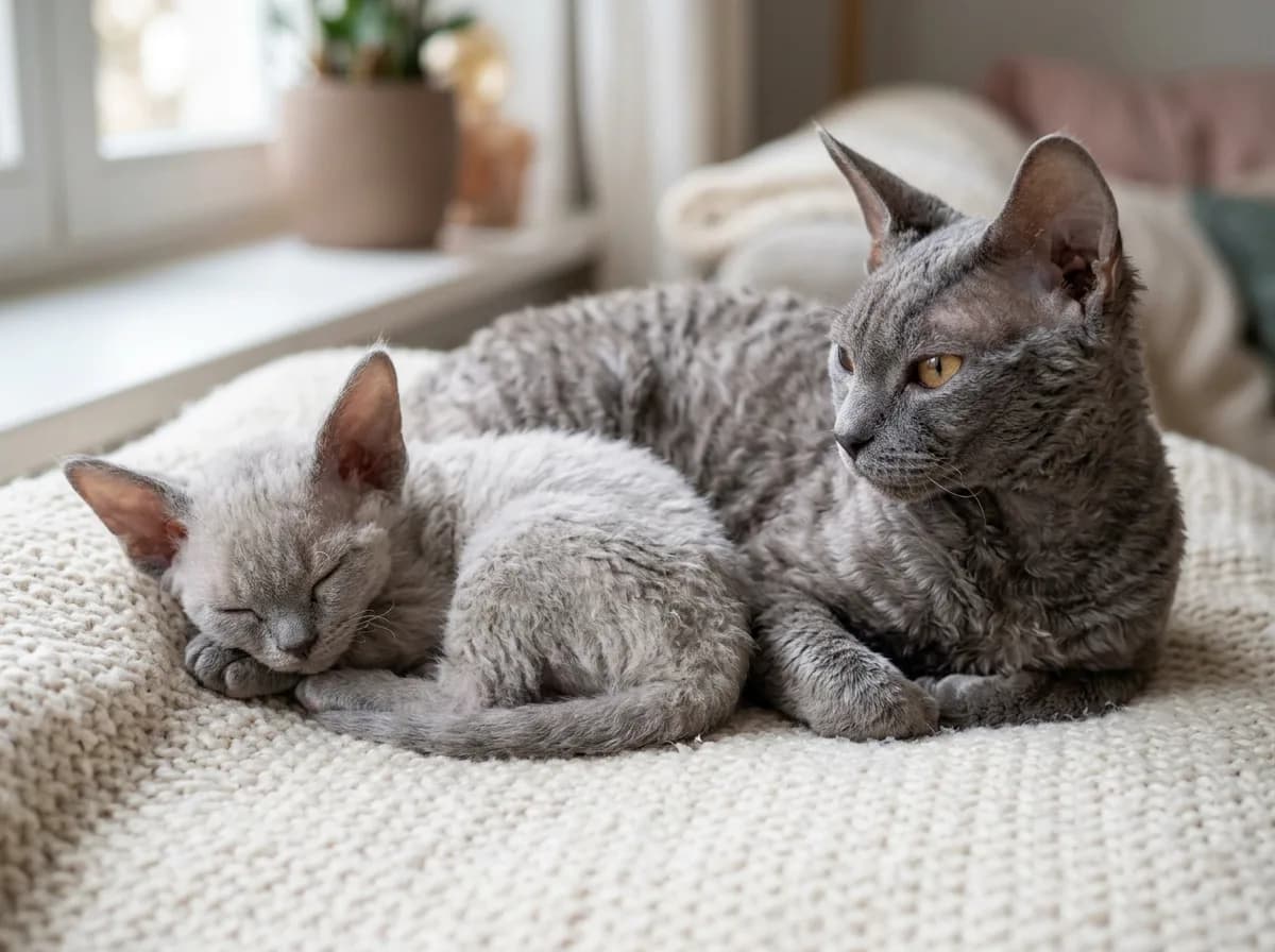 A grey Devon Rex kitten beside a grey adult Devon Rex showing how the same coat color deepens with age