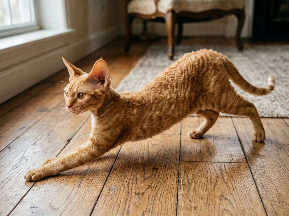 Orange red Devon Rex cat stretching on a wooden floor