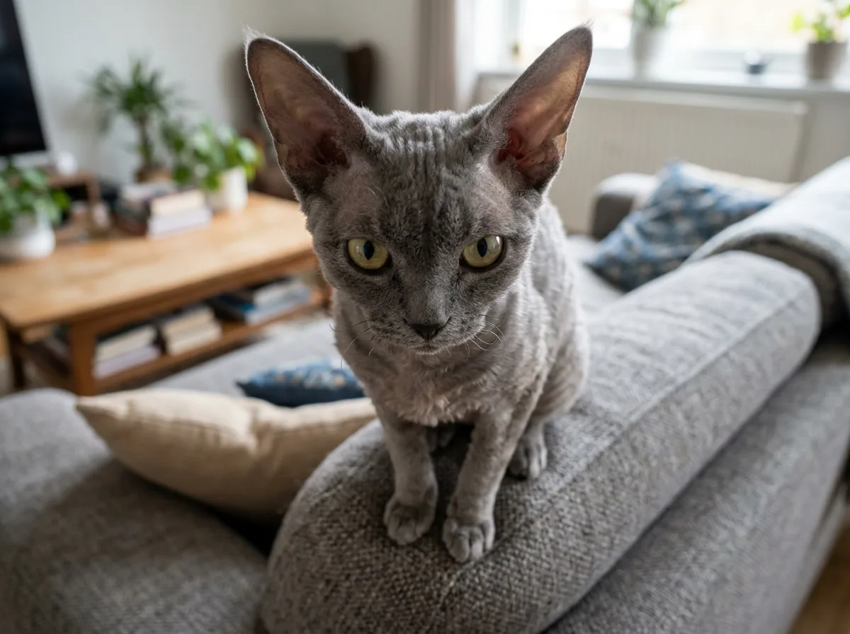 Grey blue Devon Rex cat perched on a sofa back looking down