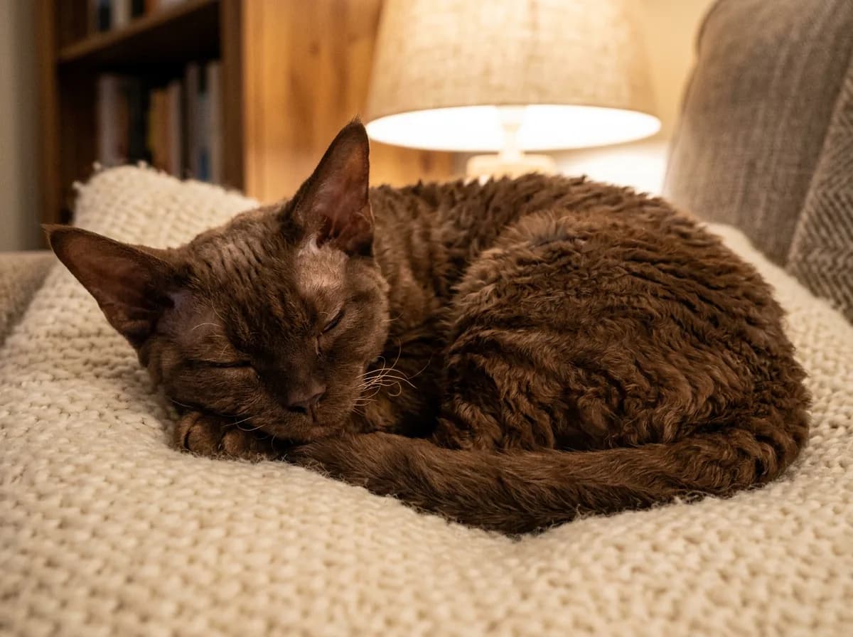 Chocolate brown Devon Rex cat curled on a cushion in warm light