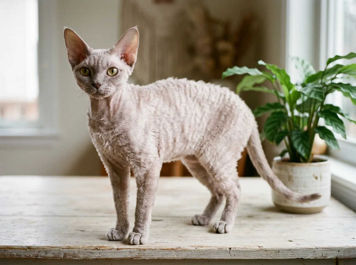 Lilac lavender Devon Rex cat standing near a houseplant