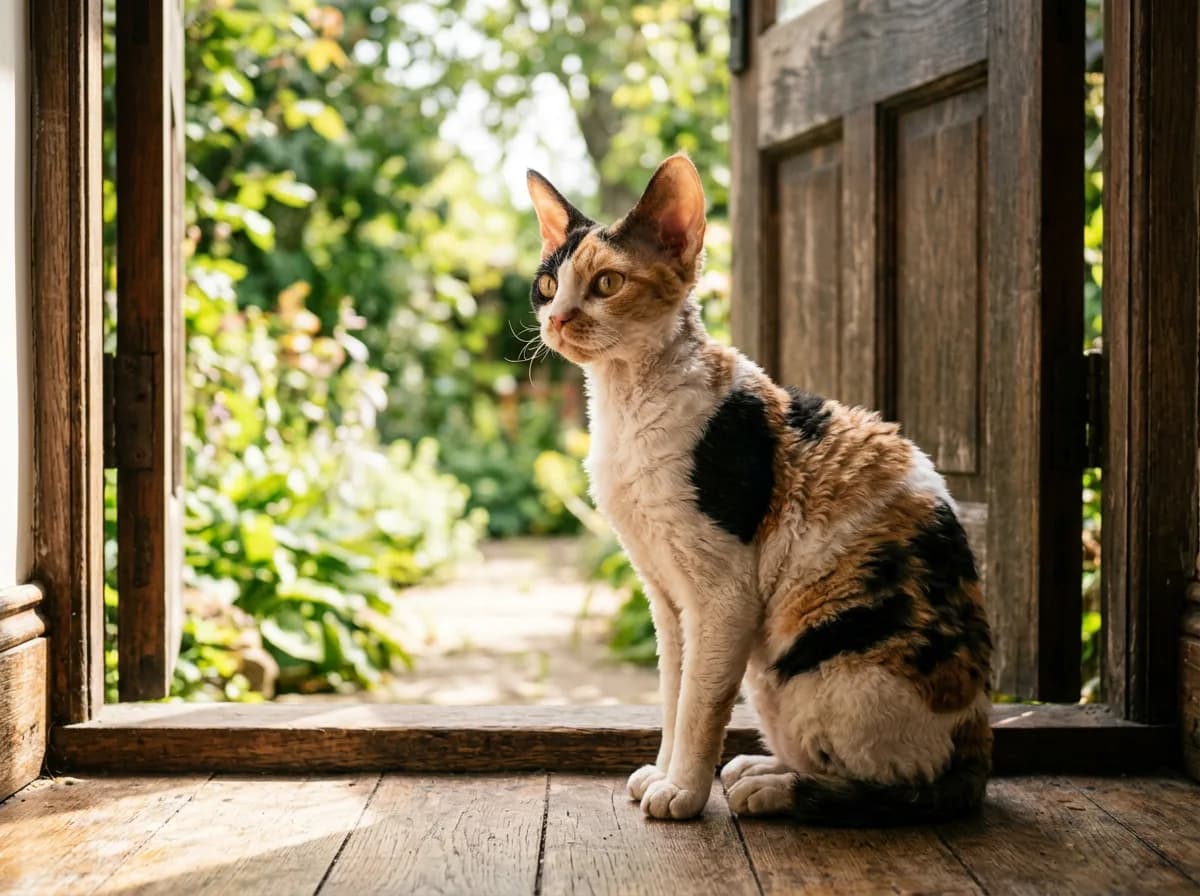Calico Devon Rex cat with white black and orange patches in a doorway